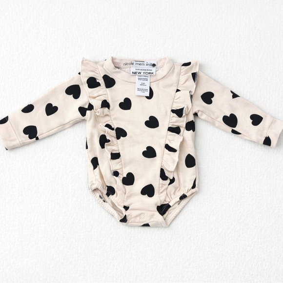 Nicole Miller Other - Nicole Miller NY Heart Print Baby Bodysuit 0-3M Neutral Chic Ruffle
